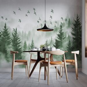 Fototapety Spokojny, mglisty las z drzewami w odcieniach zieleni i stadem ptaków lecących po niebie , Fototapety Natura, w08664v1 : Uwalls.pl