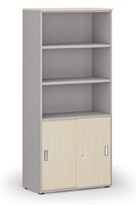 Szafa biurowa kombinowana PRIMO GRAY, drzwi przesuwne na 2 poziomach, 800 x 420 x 1781 mm, szary/brzoza