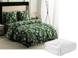 Zestaw pościeli z mikropluszu GREEN CHRISTMAS zielone + prześcieradło z mikropluszu SOFT 90x200 cm białe, pojedyncze łóżko