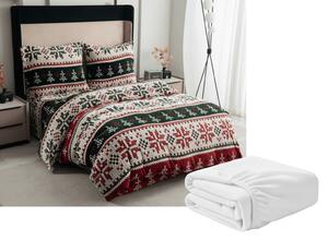 Zestaw pościeli z mikropluszu FROSTED CHRISTMAS kolorowy + prześcieradło z mikropluszu SOFT 90x200 cm białe, jednoosobowe łóżko