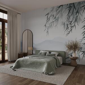 Fototapety Liście bambusa wiszące nad jeziorem z górami w tle, delikatne niebieskie i białe odcienie, styl, Fototapety Akwarele, w09048 : Uwalls.pl