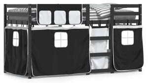 Łóżko piętrowe z zasłonkami, biało-czarne, 90x200 cm, sosnowe