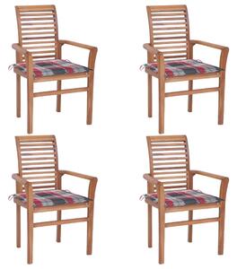 Krzesła stołowe, 4 szt., poduszki w czerwoną kratę, tekowe