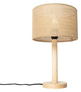 Wiejska lampa stołowa drewniana z lnianym kloszem naturalnym 25 cm - Mels Oswietlenie wewnetrzne