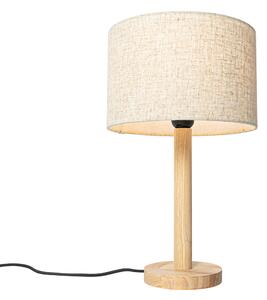 Wiejska lampa stołowa drewniana z lnianym abażurem beżowym 25 cm - Mels Oswietlenie wewnetrzne