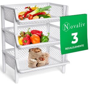 Novaliv 3-częściowa półka koszowa biała z możliwością sztaplowania i wysuwania, półki do spiżarni, półka na żywność, półka na owoce, system przechowywania w piwnicy, system organizacji spiżarni, półka na napoje