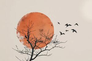 Obraz japandi księżyc ze skrzydłami ptaków