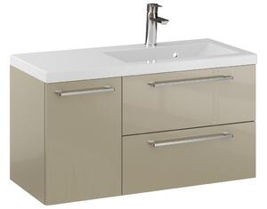 Szafka Wisząca Z Umywalką RON 90 cm D Prawa - Cappuccino Wysoki Połysk - Uchwyty Chromowane