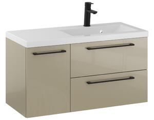 Szafka Wisząca Z Umywalką RON 90 cm D Prawa - Cappuccino Wysoki Połysk - Uchwyty Czarne Matowe