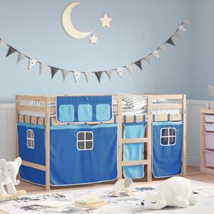 Dziecięce łóżko na antresoli, niebieskie zasłonki, 90x190 cm