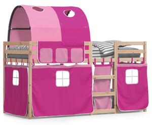 Łóżko piętrowe z zasłonkami, różowe, 75x190 cm, drewno sosnowe