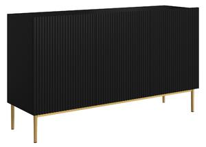 Komoda Nicole 150 cm trzydrzwiowa z ryflowanym frontem - czarny mat / złote nóżki