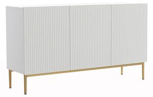 Komoda Nicole 150 cm trzydrzwiowa z ryflowanym frontem - biały mat / złote nóżki