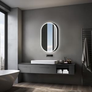 Szafka lustrzana z oświetleniem Talos Oval Vento 45x80 cm czarna - Szafka lustrzana łazienkowa z 2 półkami - Aluminium - Lustrzany panel tylny