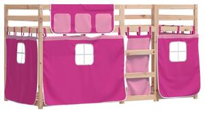 Łóżko piętrowe z zasłonkami, różowe, 90x200 cm, drewno sosnowe