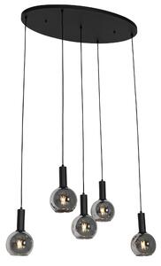 Lampa wisząca Art Deco czarna z owalnym 5-punktowym dymionym szkłem - Josje Oswietlenie wewnetrzne