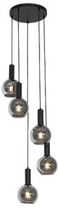 Lampa wisząca Art Deco czarna z dymionym szkłem okrągła 5-punktowa - Josje Oswietlenie wewnetrzne