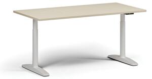 Stół z regulacją wysokości OBOL, elektryczny, 675-1325 mm, blat 1600x800 mm, zaokrąglona podstawa biała, brzoza