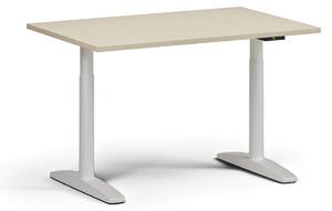 Stół z regulacją wysokości OBOL, elektryczny, 675-1325 mm, blat 1200x800 mm, zaokrąglona podstawa biała, brzoza
