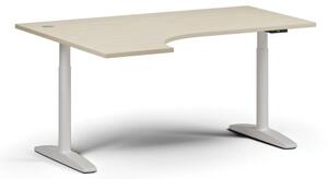 Stół z regulacją wysokości OBOL, elektryczny, 675-1325 mm, narożnik lewy, blat 1600x1200 mm, zaokrąglona podstawa biała, brzoza