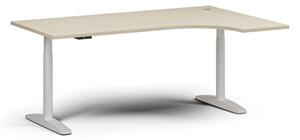 Stół z regulacją wysokości OBOL, elektryczny, 675-1325 mm, narożnik prawy, blat 1800x1200 mm, zaokrąglona podstawa biała, brzoza
