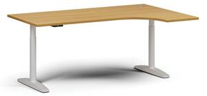 Stół z regulacją wysokości OBOL, elektryczny, 675-1325 mm, narożnik prawy, blat 1800x1200 mm, zaokrąglona podstawa biała, buk