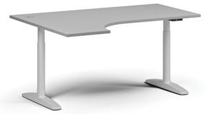 Stół z regulacją wysokości OBOL, elektryczny, 675-1325 mm, narożnik lewy, blat 1600x1200 mm, zaokrąglona podstawa biała, szara