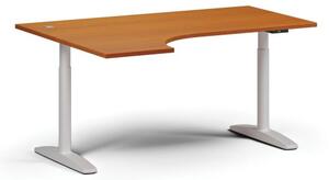 Stół z regulacją wysokości OBOL, elektryczny, 675-1325 mm, narożnik lewy, blat 1600x1200 mm, zaokrąglona podstawa biała, czereśnia