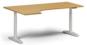 Stół z regulacją wysokości OBOL, elektryczny, 675-1325 mm, narożnik lewy, blat 1800x1200 mm, zaokrąglona podstawa biała, buk