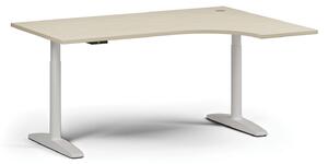 Stół z regulacją wysokości OBOL, elektryczny, 675-1325 mm, narożnik prawy, blat 1600x1200 mm, zaokrąglona podstawa biała, brzoza