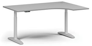 Stół z regulacją wysokości OBOL, elektryczny, 675-1325 mm, narożnik prawy, blat 1600x1200 mm, zaokrąglona podstawa biała, szara