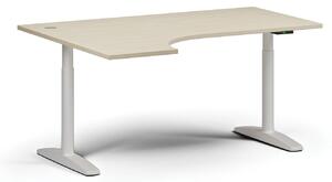 Stół z regulacją wysokości OBOL, elektryczny, 675-1325 mm, narożnik lewy, blat 1600x1200 mm, zaokrąglona podstawa biała, buk
