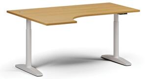 Stół z regulacją wysokości OBOL, elektryczny, 675-1325 mm, narożnik lewy, blat 1600x1200 mm, zaokrąglona podstawa biała, buk