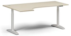 Stół z regulacją wysokości OBOL, elektryczny, 675-1325 mm, narożnik lewy, blat 1800x1200 mm, zaokrąglona podstawa biała, brzoza