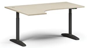 Stół z regulacją wysokości OBOL, elektryczny, 675-1325 mm, narożnik lewy, blat 1600x1200 mm, zaokrąglona podstawa czarna, brzoza