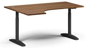 Stół z regulacją wysokości OBOL, elektryczny, 675-1325 mm, narożnik lewy, blat 1600x1200 mm, zaokrąglona podstawa czarna, orzech