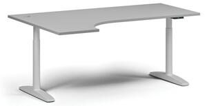 Stół z regulacją wysokości OBOL, elektryczny, 675-1325 mm, narożnik lewy, blat 1800x1200 mm, zaokrąglona podstawa biała, szara