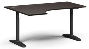 Stół z regulacją wysokości OBOL, elektryczny, 675-1325 mm, narożnik lewy, blat 1600x1200 mm, zaokrąglona podstawa czarna, wenge