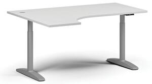 Stół z regulacją wysokości OBOL, elektryczny, 675-1325 mm, narożnik lewy, blat 1600x1200 mm, zaokrąglona podstawa szara, biała