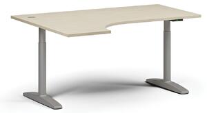 Stół z regulacją wysokości OBOL, elektryczny, 675-1325 mm, narożnik lewy, blat 1600x1200 mm, zaokrąglona podstawa szara, biała