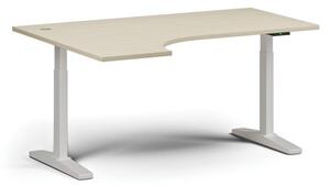 Stół z regulacją wysokości, elektryczny, 675-1325 mm, narożnik lewy, blat 1600 x 1200 mm, podstawa biała, brzoza