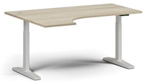 Stół z regulacją wysokości, elektryczny, 675-1325 mm, narożnik lewy, blat 1600x1200 mm, podstawa biała, dąb naturalny