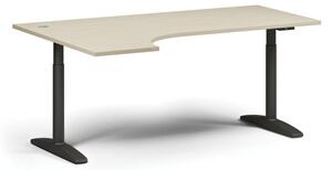 Stół z regulacją wysokości OBOL, elektryczny, 675-1325 mm, narożnik lewy, blat 1800x1200 mm, zaokrąglona podstawa czarna, brzoza