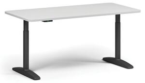 Stół z regulacją wysokości OBOL, elektryczny, 675-1325 mm, zaokrąglone narożniki, blat 1600x800 mm, zaokrąglona podstawa czarna, biała
