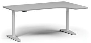 Stół z regulacją wysokości OBOL, elektrycznie, 675-1325 mm, lewy/prawy, blat 1800x1200 mm, zaokrąglona podstawa biała, szara