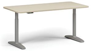 Stół z regulacją wysokości OBOL, elektryczny, 675-1325 mm, zaokrąglone narożniki, blat 1600x800 mm, zaokrąglona podstawa szara, brzoza