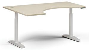 Stół z regulacją wysokości OBOL, elektryczny, 675-1325 mm, ergonomiczny lewy, blat 1600x1200 mm, zaokrąglona podstawa biała, brzoza