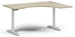 Stół z regulacją wysokości OBOL, elektryczny, 675-1325 mm, ergonomiczny prawy, blat 1600x1200 mm, zaokrąglona podstawa biała, dąb naturalny