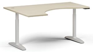 Stół z regulacją wysokości OBOL, elektryczny, 675-1325 mm, ergonomiczny lewy, blat 1600x1200 mm, zaokrąglona podstawa biała, szara