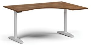 Stół z regulacją wysokości OBOL, elektryczny, 675-1325 mm, ergonomiczny prawy, blat 1600x1200 mm, zaokrąglona podstawa biała, orzech